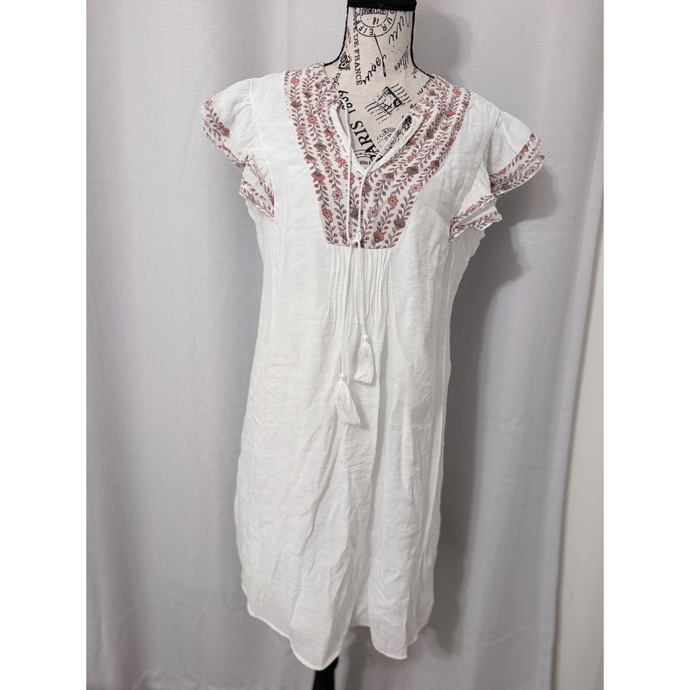 Indigo Rose White Embroidered Gauze Flutter Sleeve Tassel Tie Shift Dress M